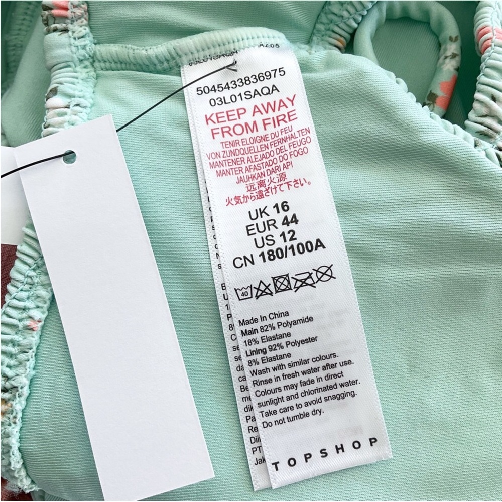 New Topshop Shirred Green Floral Bikini Top Size 12 - Picture 4 of 4